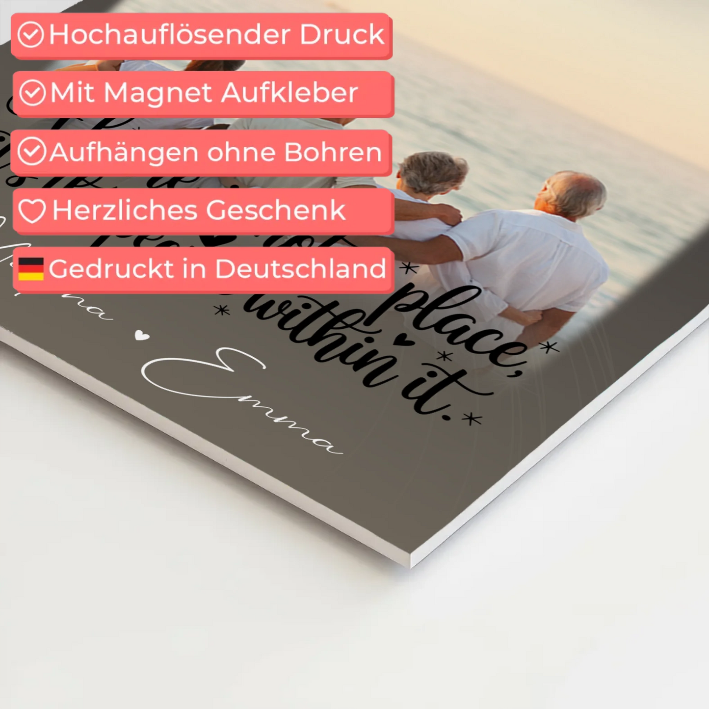 Familienbild Personalisiert mit 3 Fotos und 1 Herz Foto Home is Geschenk für die Familie