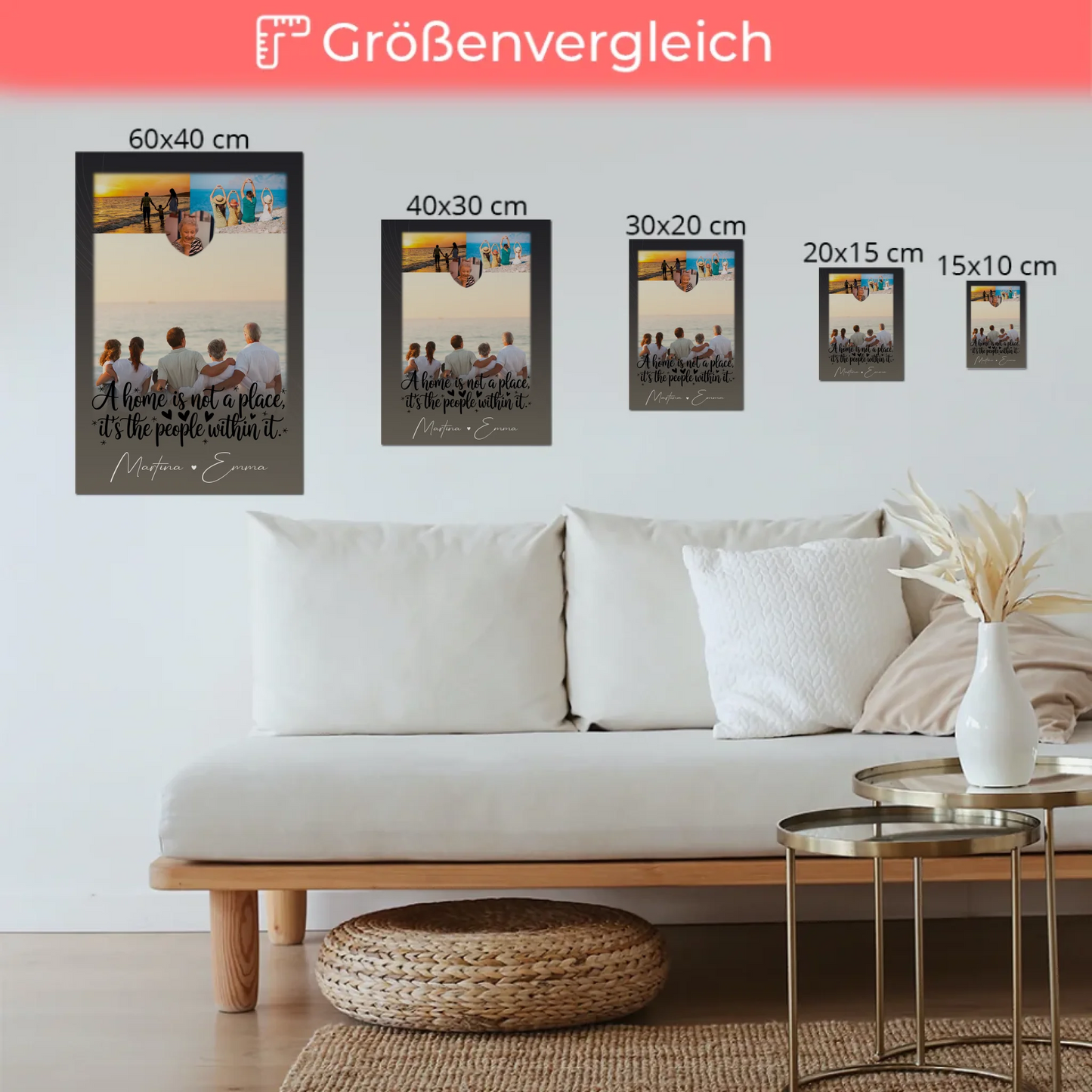 Familienbild Personalisiert mit 3 Fotos und 1 Herz Foto Home is Geschenk für die Familie