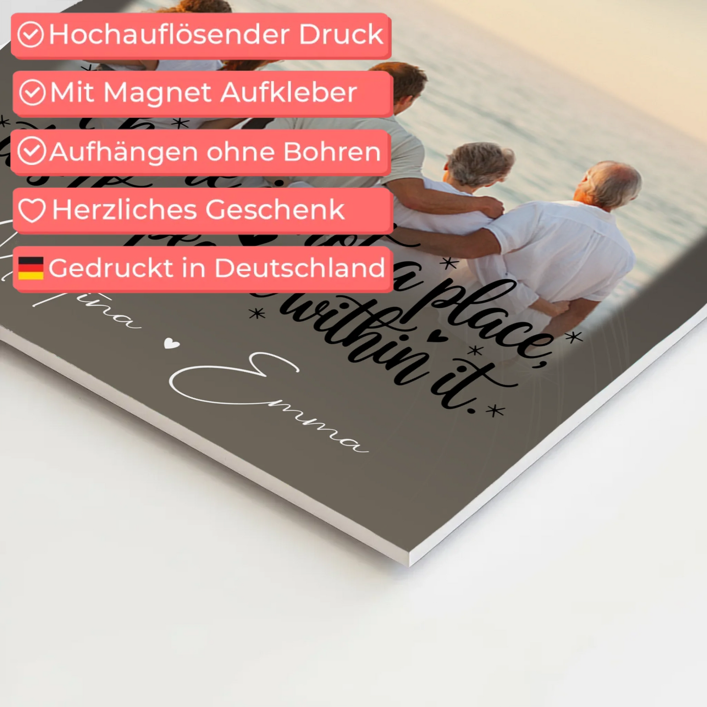Familienbild Personalisiert mit 3 Fotos und 1 Herz Foto Home is Geschenk für die Familie