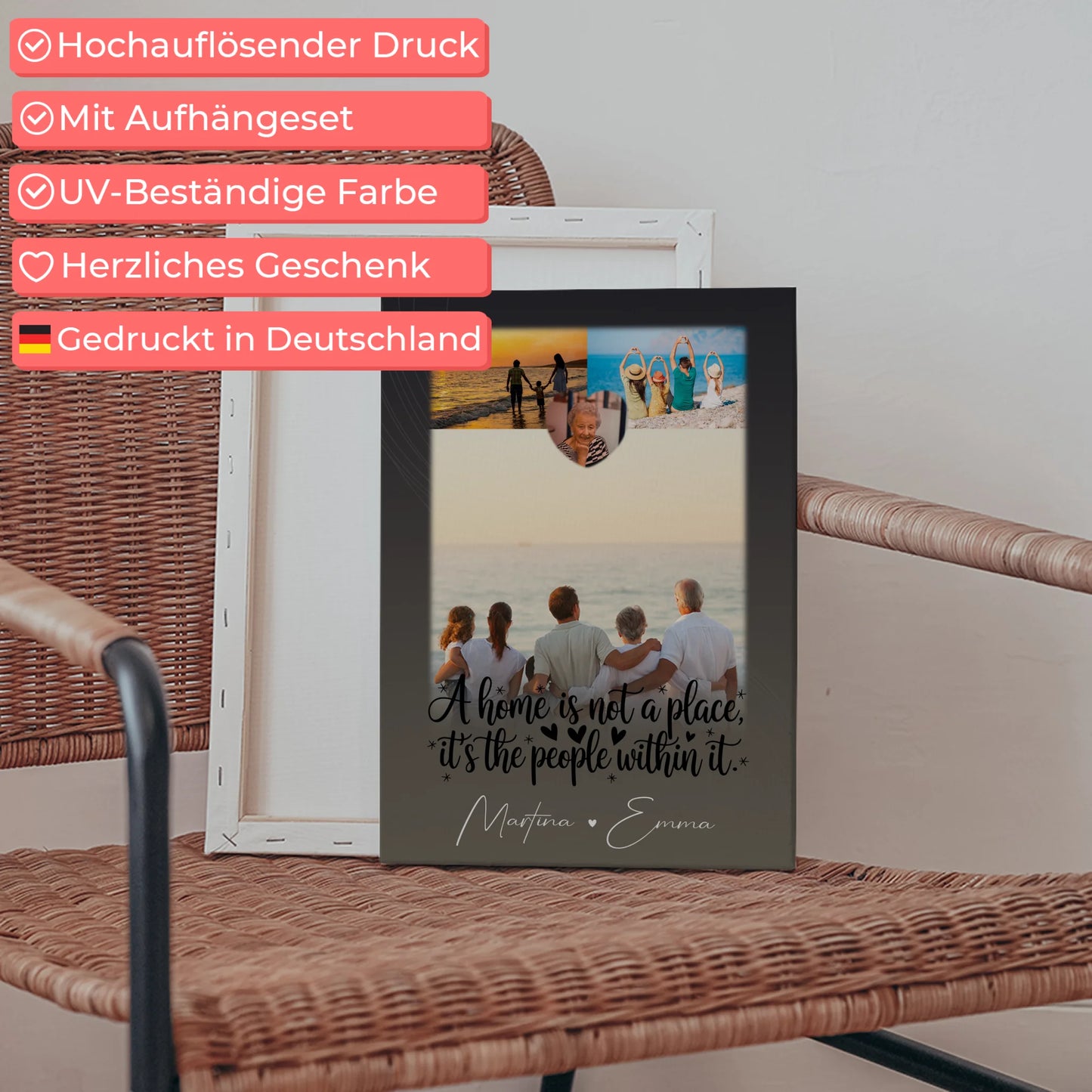 Familien Leinwand Personalisiert mit 3 Fotos und Herz Foto Home is dein Ort Geschenk 5