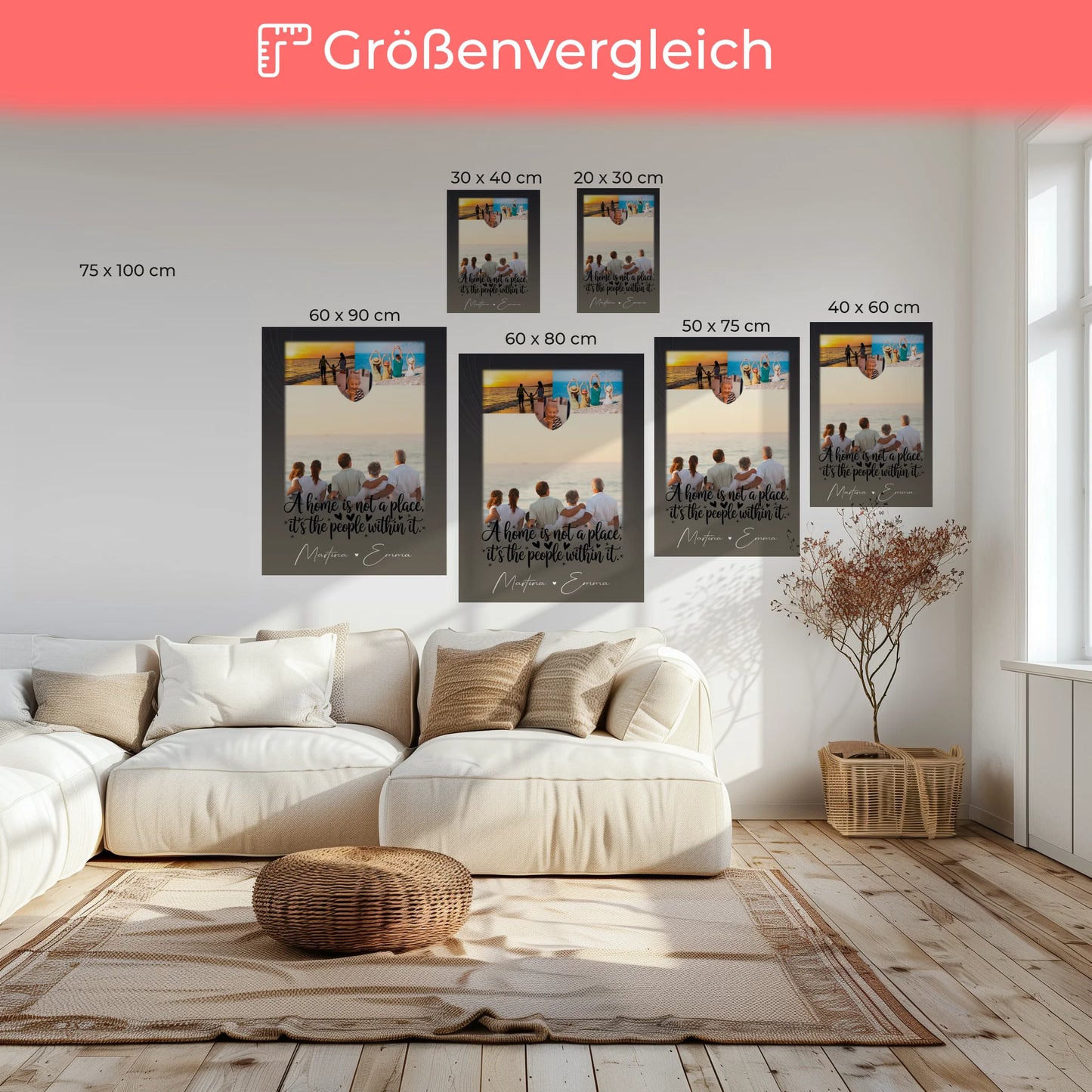 Familien Leinwand Personalisiert mit 3 Fotos und Herz Foto Home is dein Ort Geschenk 6