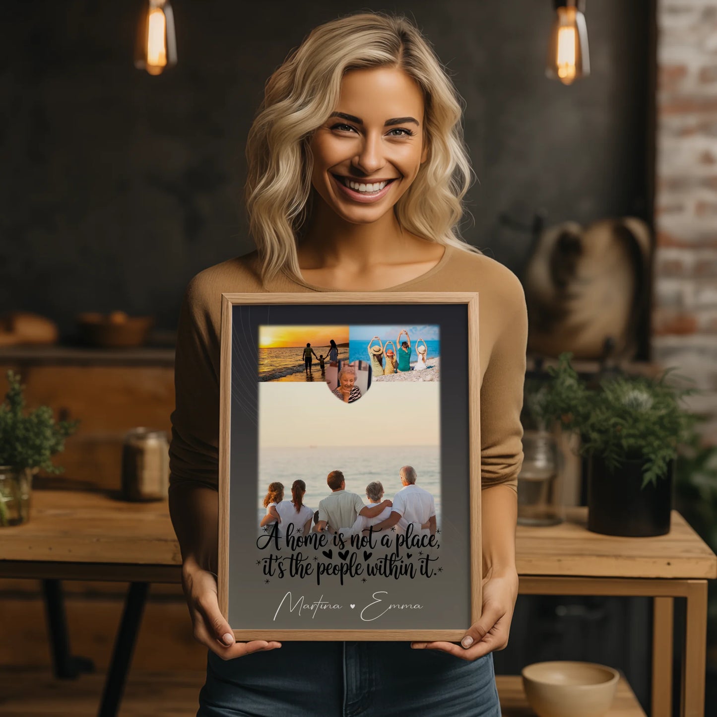 Home is Poster für die Familie mit Namen personalisiert 3 Fotos und 1 Herz Foto
