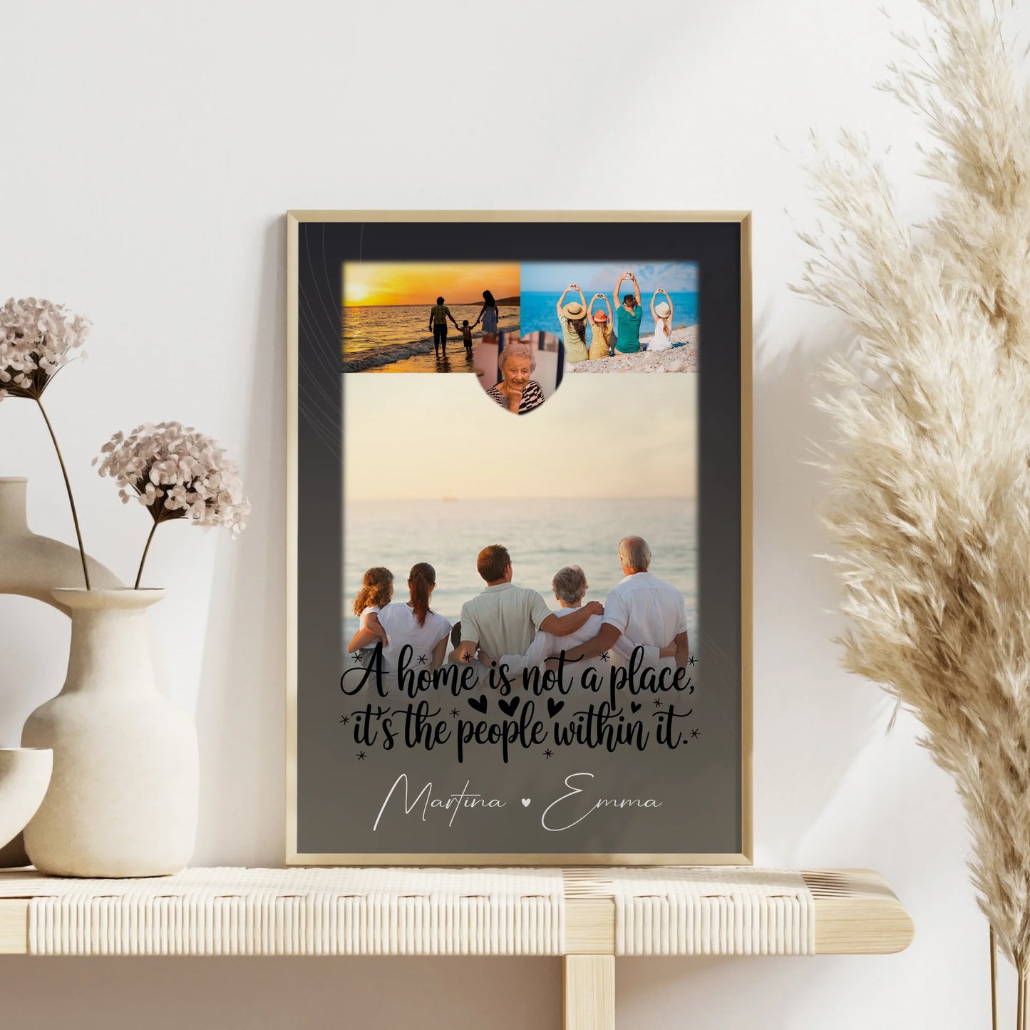 Home is Poster für die Familie mit Namen personalisiert 3 Fotos und 1 Herz Foto