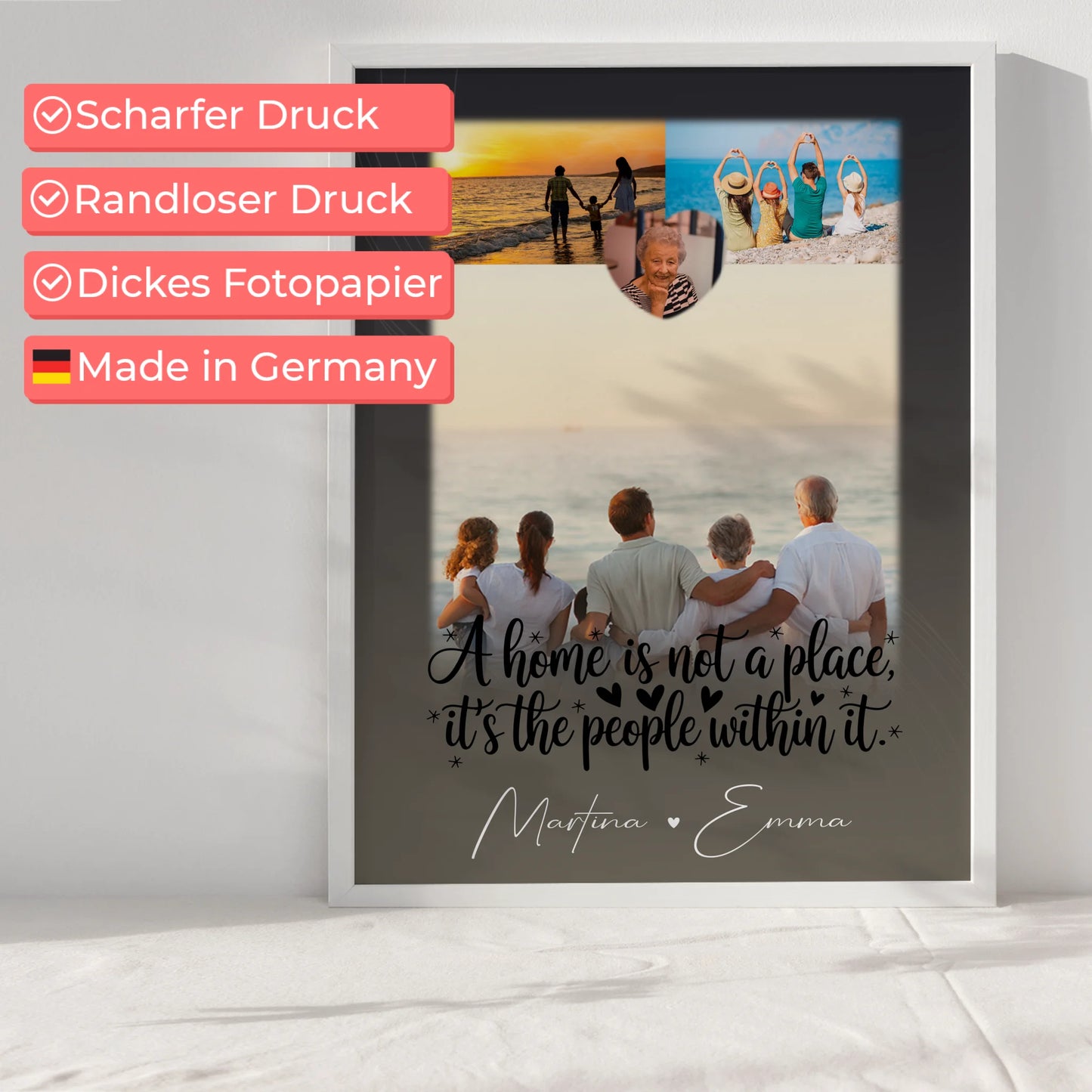 Home is Poster für die Familie mit Namen personalisiert 3 Fotos und 1 Herz Foto