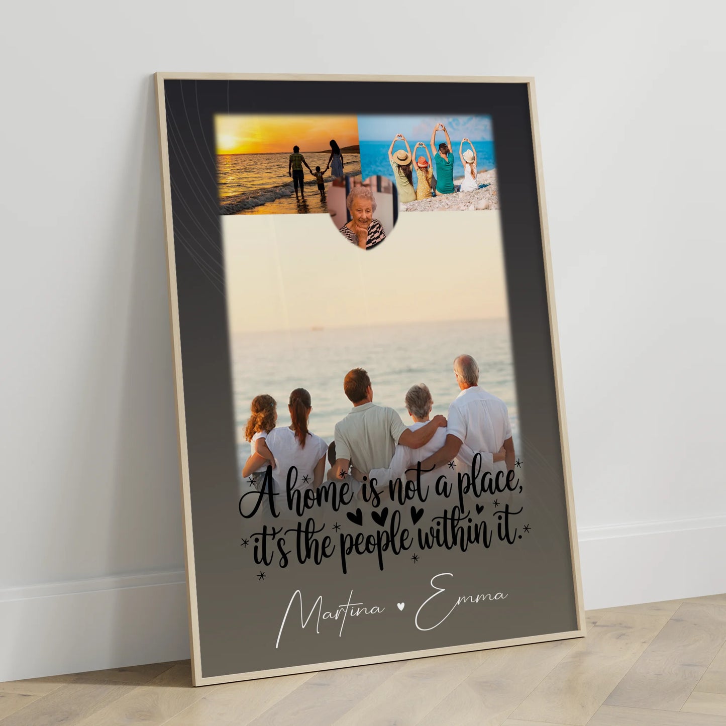 Home is Poster für die Familie mit Namen personalisiert 3 Fotos und 1 Herz Foto