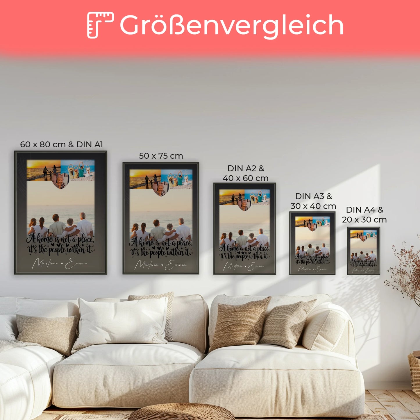 Home is Poster für die Familie mit Namen personalisiert 3 Fotos und 1 Herz Foto