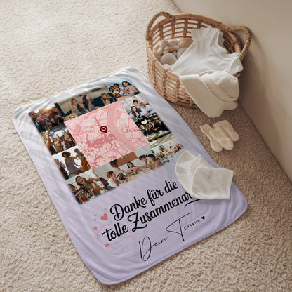 Personalisierte Namensdecke mit 10 Fotos und Karte in der Mitte Ein Leben lang an deiner Seite 2