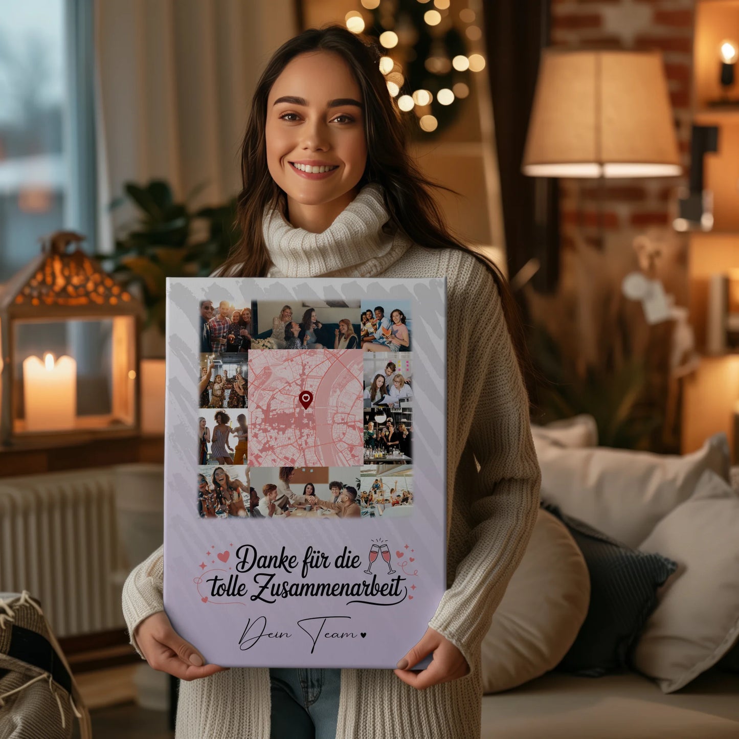 Personalisierte Leinwand mit 10 Fotos und Karte in der Mitte Ein Leben lang an deiner Seite 2