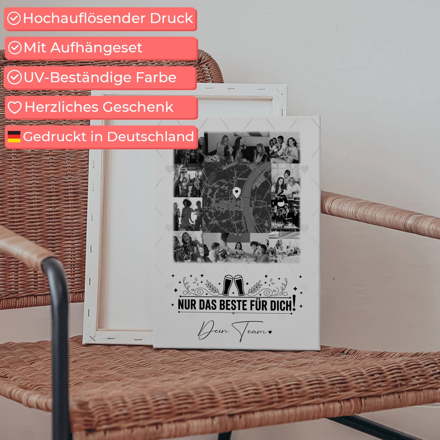 Personalisierte Leinwand Bild mit 10 Fotos und Karte in der Mitte Für immer im Herzen 5