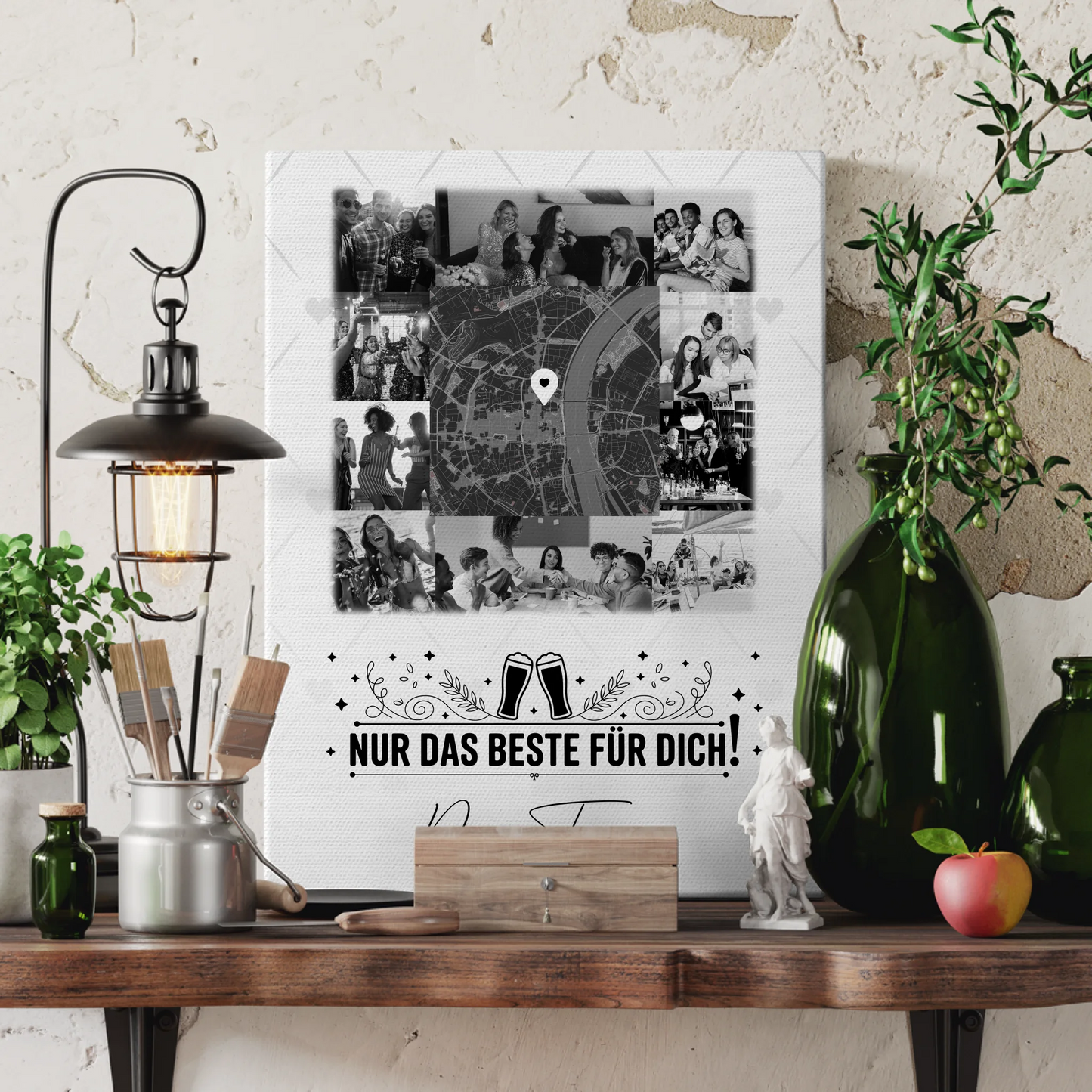 Personalisierte Leinwand Bild mit 10 Fotos und Karte in der Mitte Für immer im Herzen 3