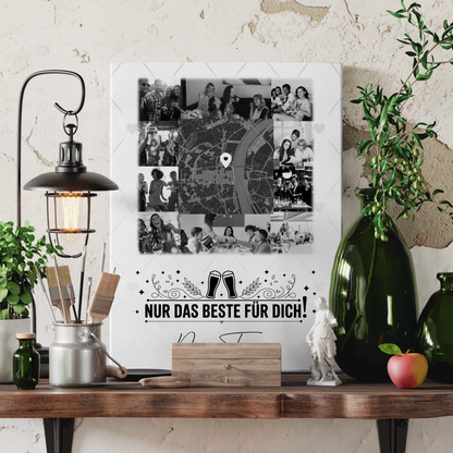 Personalisierte Leinwand Bild mit 10 Fotos und Karte in der Mitte Für immer im Herzen 3