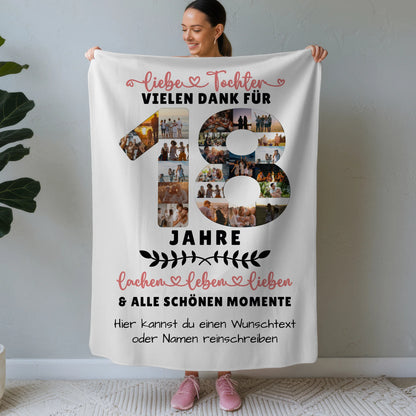 Personalisiertes Geschenk Decke für Tochter 18 Geburtstag mit Fotos und Wunschtext