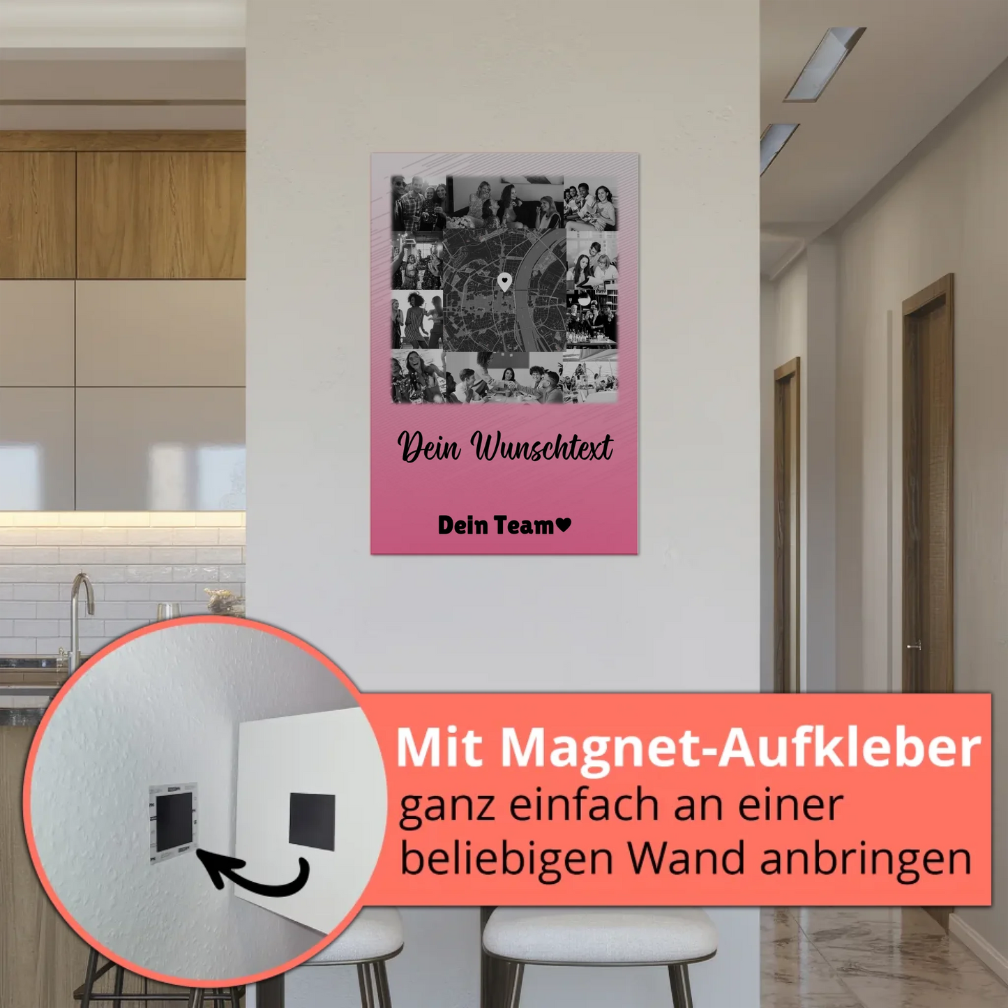 Personalisierbares Magnetposter Fotoboard mit 10 Fotos Wunschtext und Karte in der Mitte 5