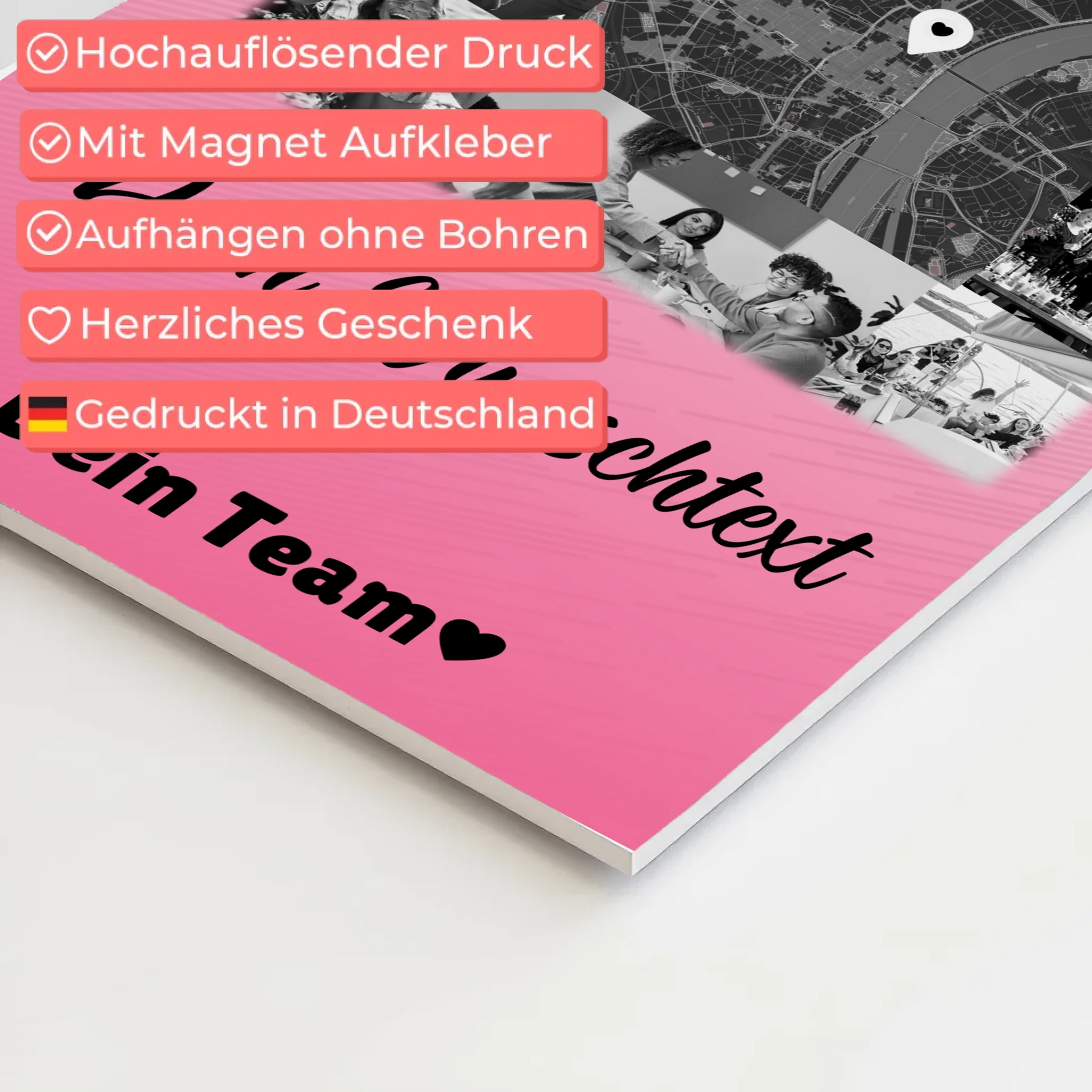 Personalisierbares Magnetposter Fotoboard mit 10 Fotos Wunschtext und Karte in der Mitte 4