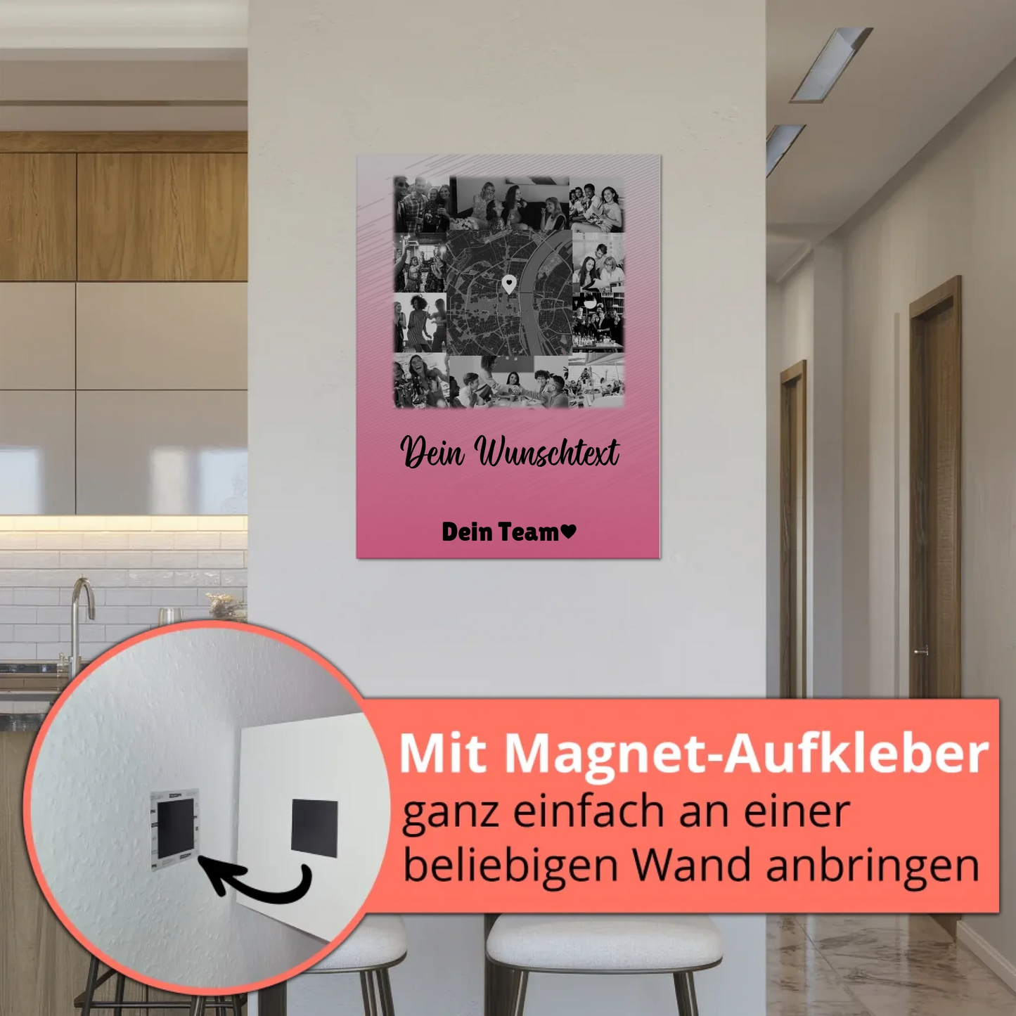 Personalisierbares Magnetposter Fotoboard mit 10 Fotos Wunschtext und Karte in der Mitte