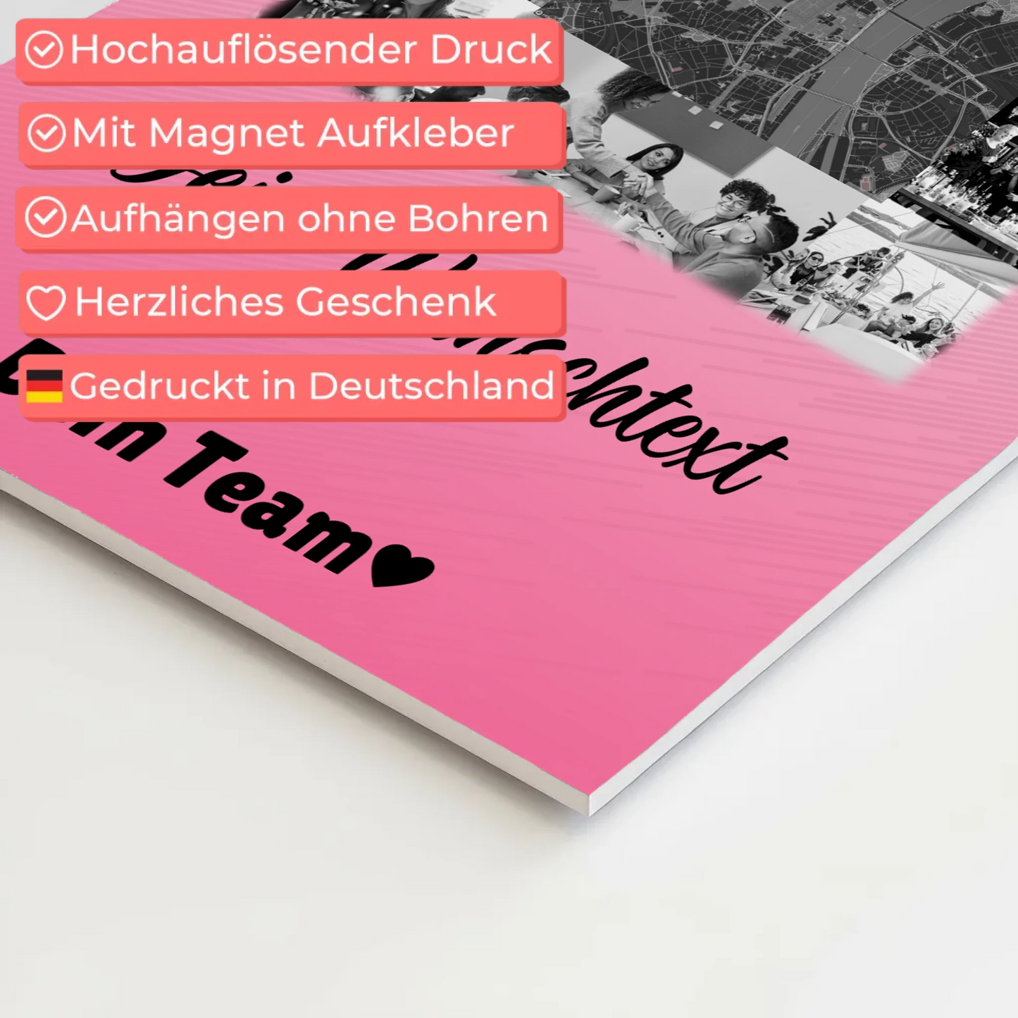 Personalisierbares Magnetposter Fotoboard mit 10 Fotos Wunschtext und Karte in der Mitte 10