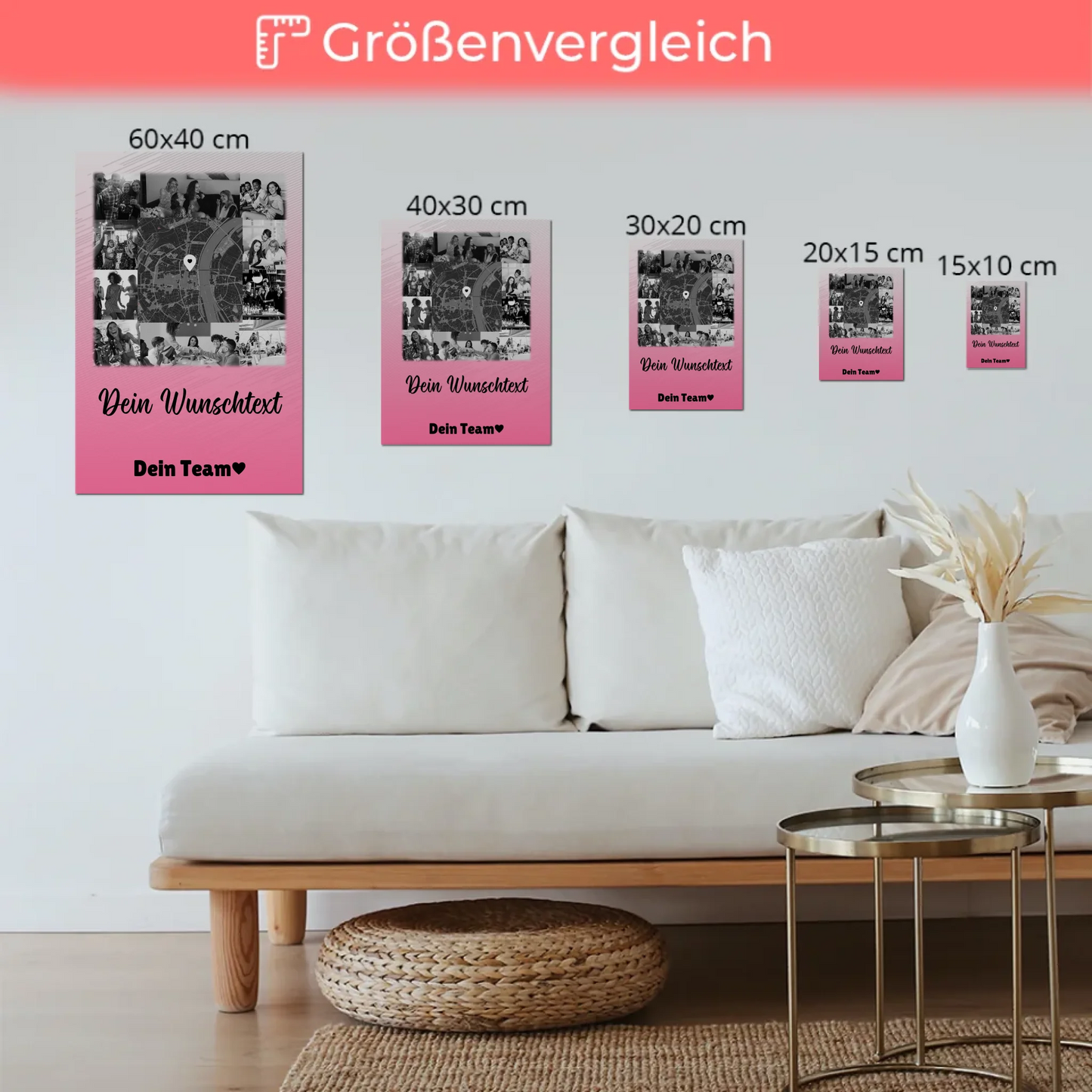 Personalisierbares Magnetposter Fotoboard mit 10 Fotos Wunschtext und Karte in der Mitte