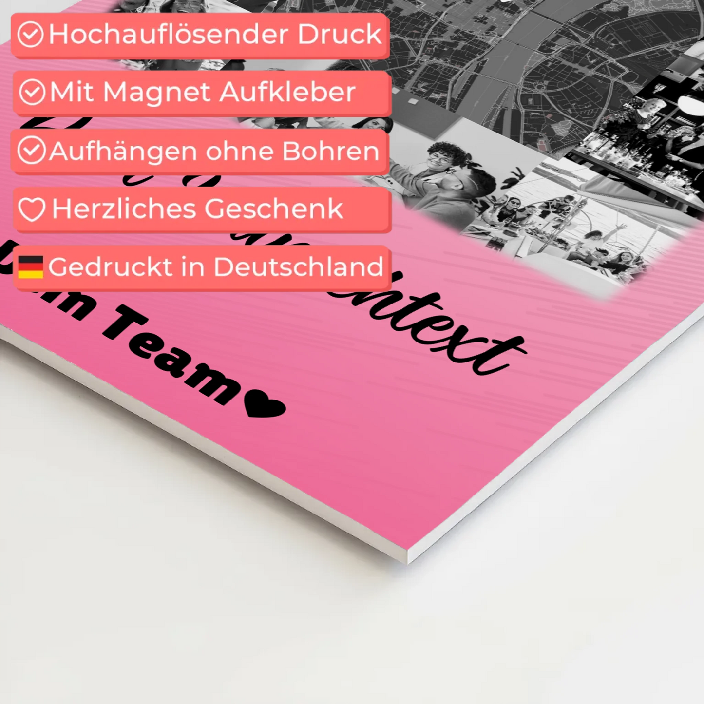 Personalisierbares Magnetposter Fotoboard mit 10 Fotos Wunschtext und Karte in der Mitte