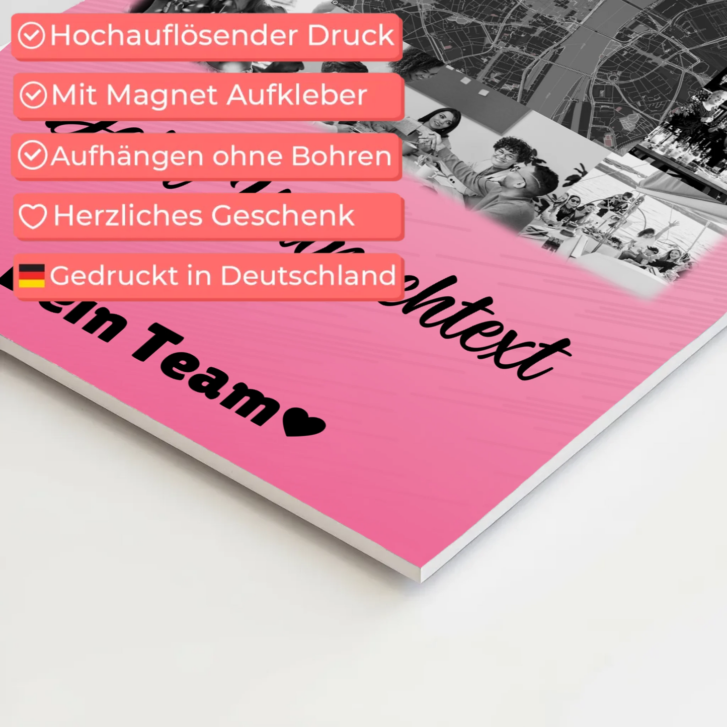 Personalisierbares Magnetposter Fotoboard mit 10 Fotos Wunschtext und Karte in der Mitte
