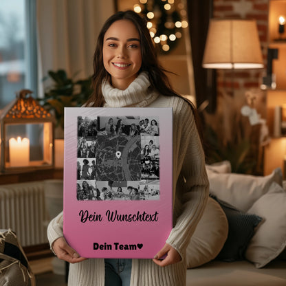 Personalisierte Leinwand Wandbild mit 10 Fotos Wunschtext und Karte in der Mitte 2
