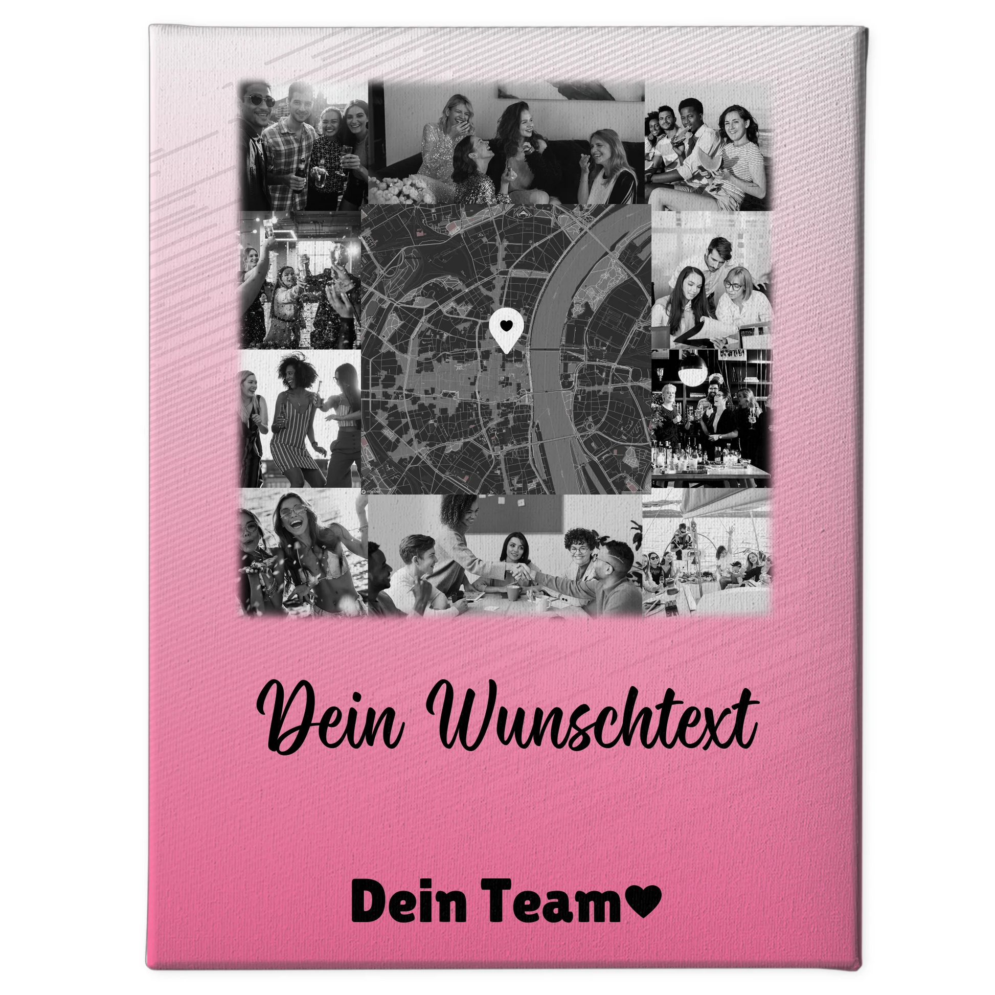 Personalisierte Leinwand Wandbild mit 10 Fotos Wunschtext und Karte in der Mitte 1