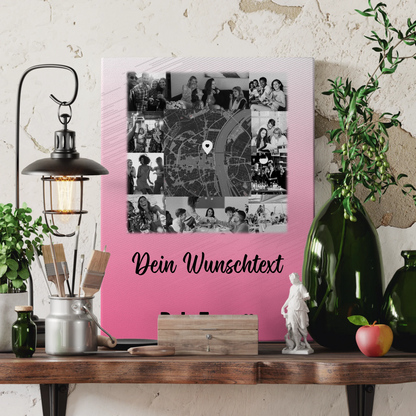 Personalisierte Leinwand Wandbild mit 10 Fotos Wunschtext und Karte in der Mitte 3