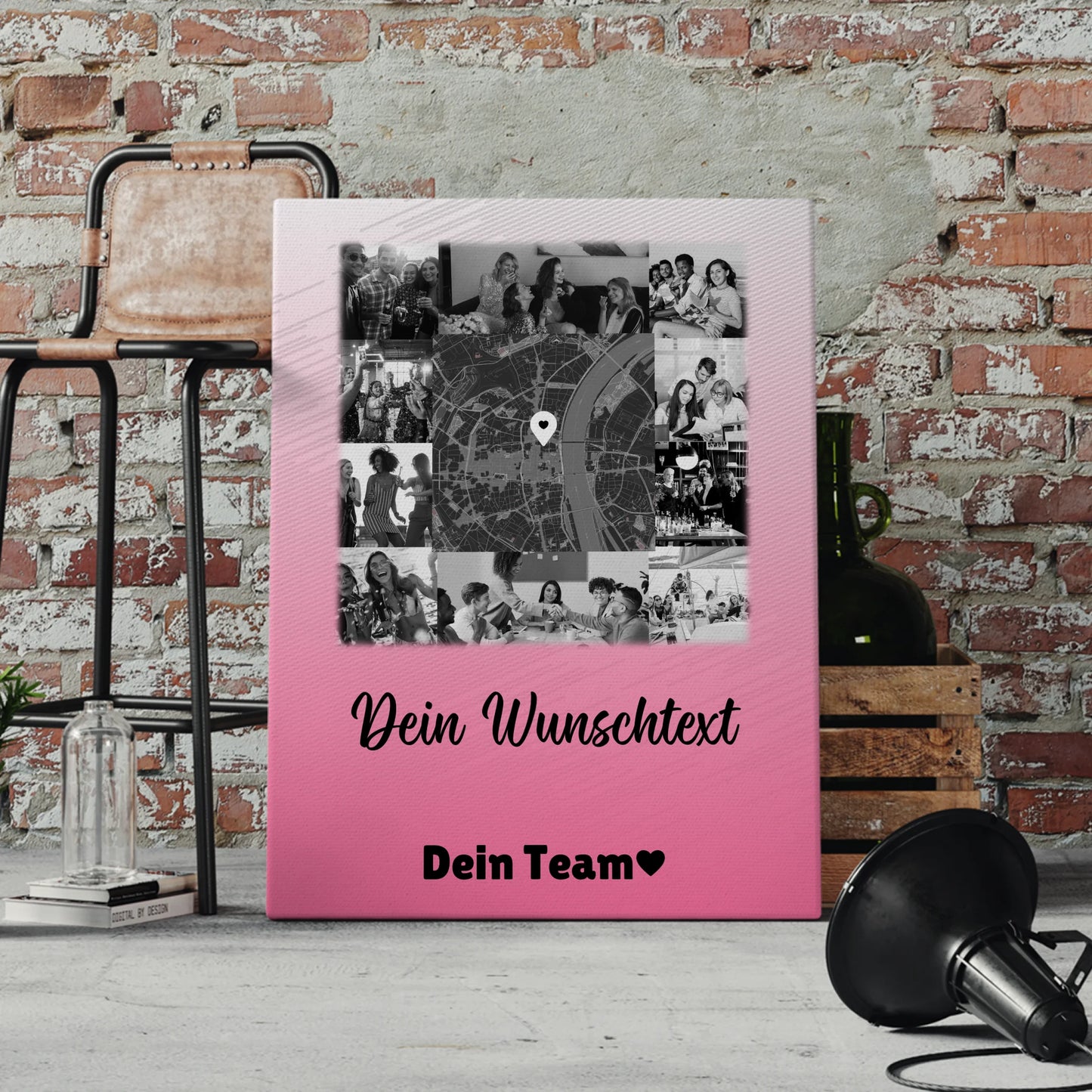 Personalisierte Leinwand Wandbild mit 10 Fotos Wunschtext und Karte in der Mitte 4