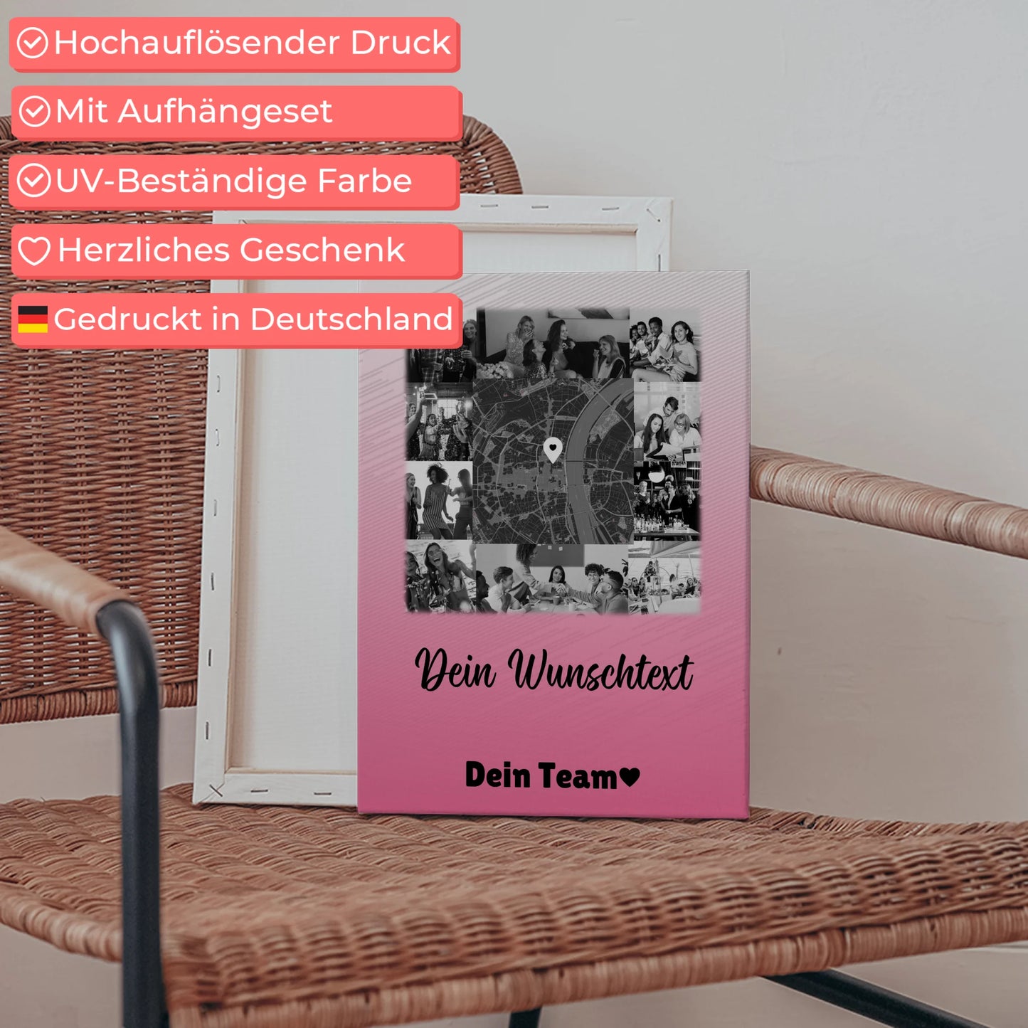 Personalisierte Leinwand Wandbild mit 10 Fotos Wunschtext und Karte in der Mitte 5