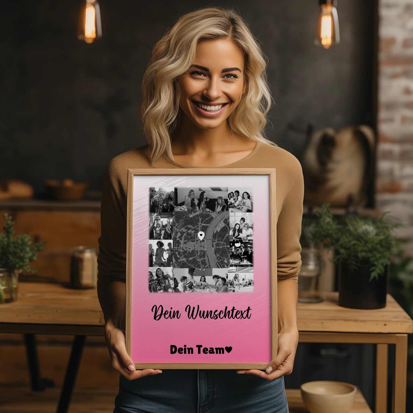 Team Abschied Poster personalisiert mit 10 Fotos Karte in der Mitte und Wunschtext
