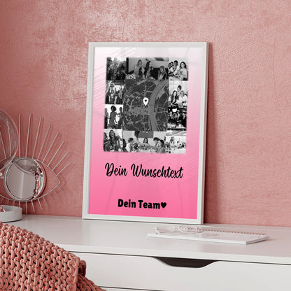 Team Abschied Poster personalisiert mit 10 Fotos Karte in der Mitte und Wunschtext