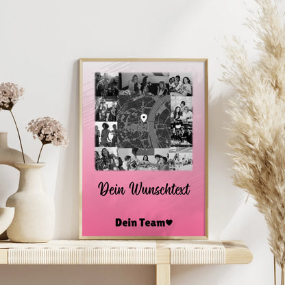 Team Abschied Poster personalisiert mit 10 Fotos Karte in der Mitte und Wunschtext