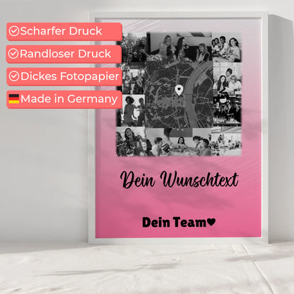 Team Abschied Poster personalisiert mit 10 Fotos Karte in der Mitte und Wunschtext