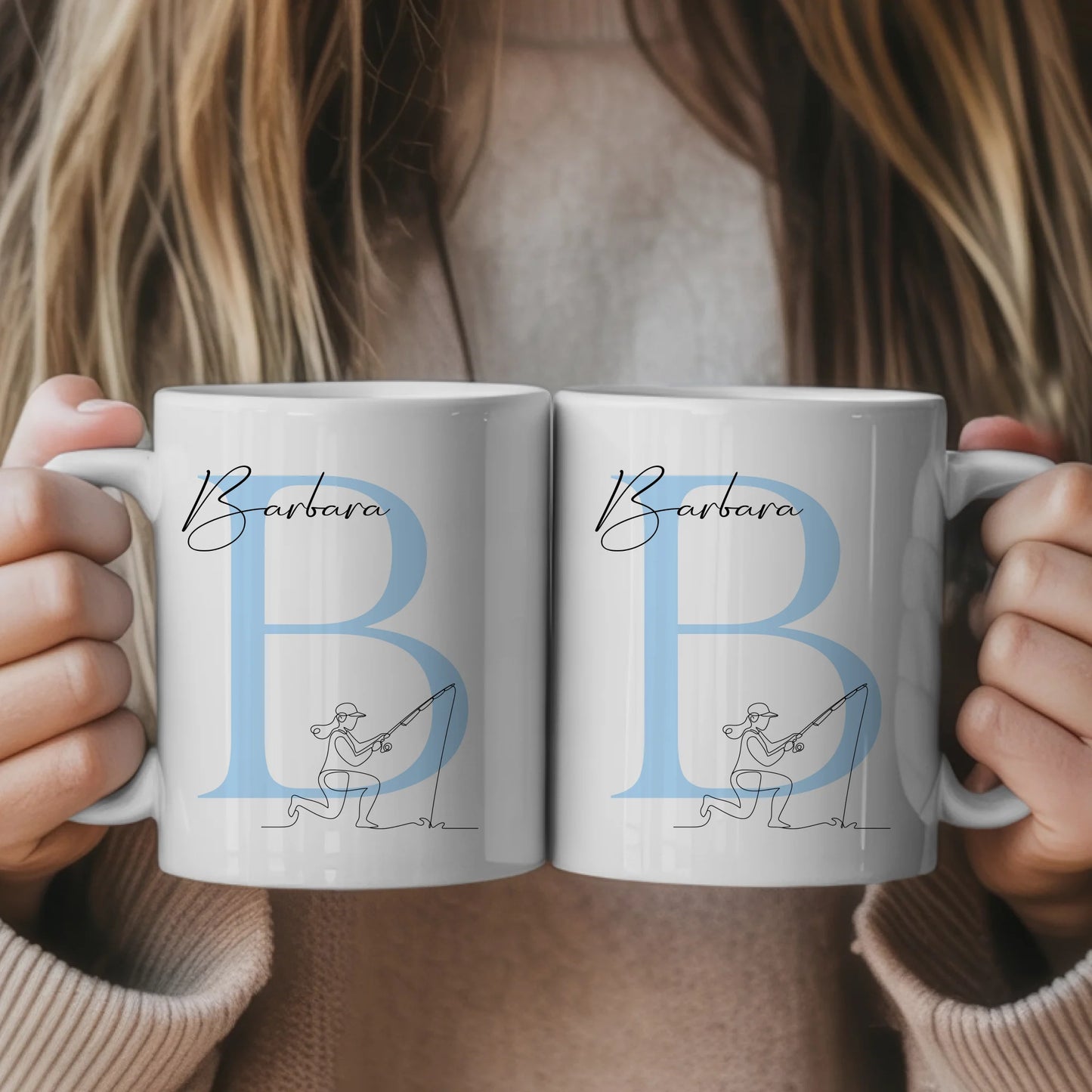 Personalisierte Tasse Mit Name Lineart Anglerin Angeln Geschenk für Angelfreunde 1