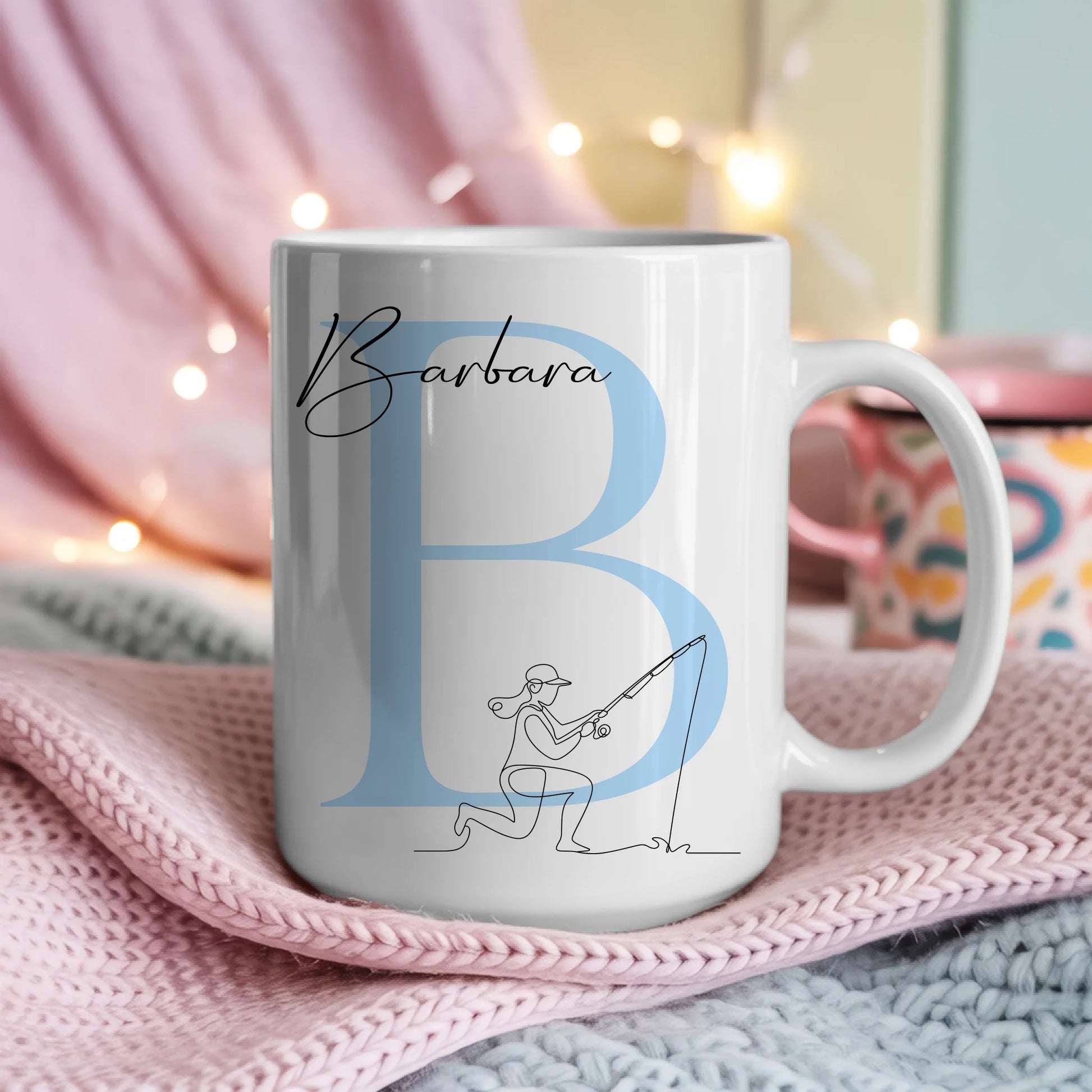 Personalisierte Tasse Mit Name Lineart Anglerin Angeln Geschenk für Angelfreunde 4