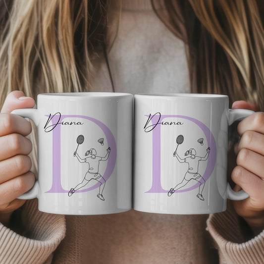 Personalisierte Tasse Mit Name Und Lineart Badmintonspielerin Für Badmintonfans 1