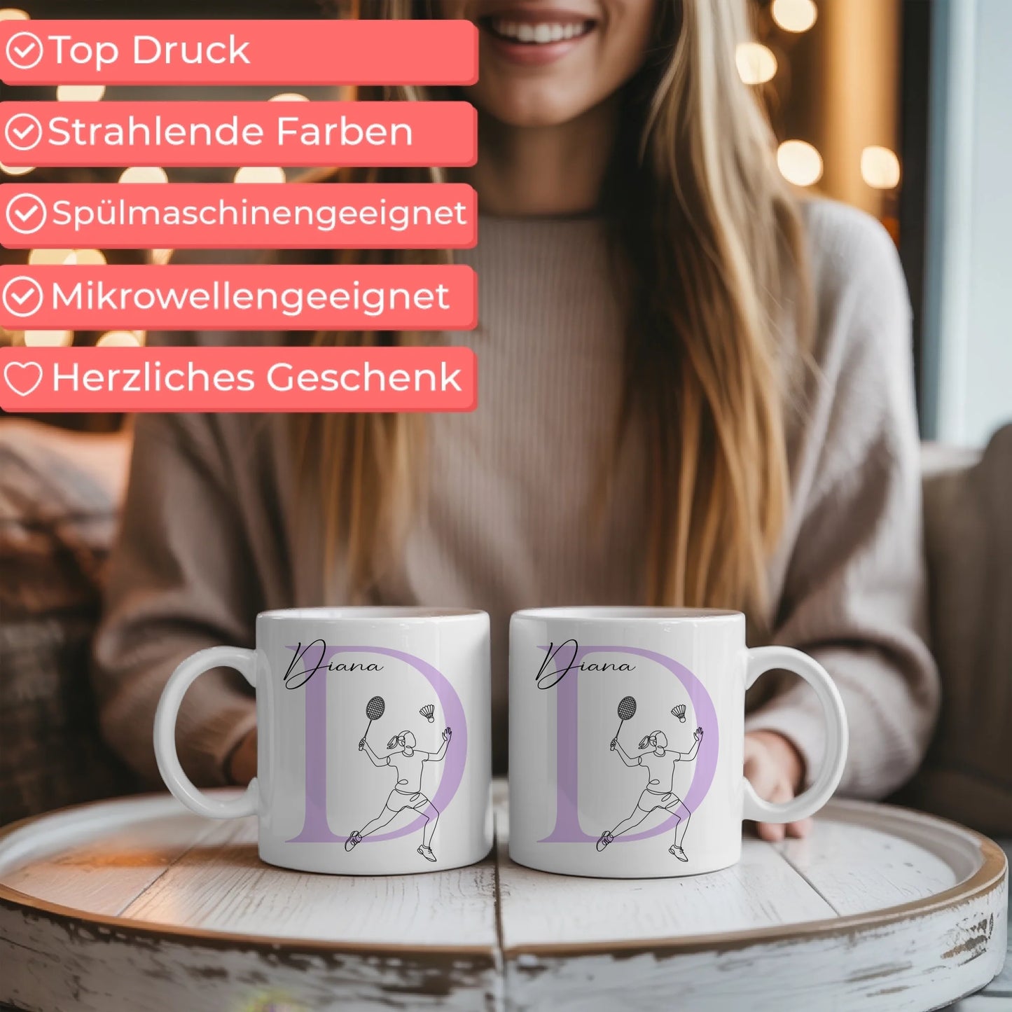 Personalisierte Tasse Mit Name Und Lineart Badmintonspielerin Für Badmintonfans 6