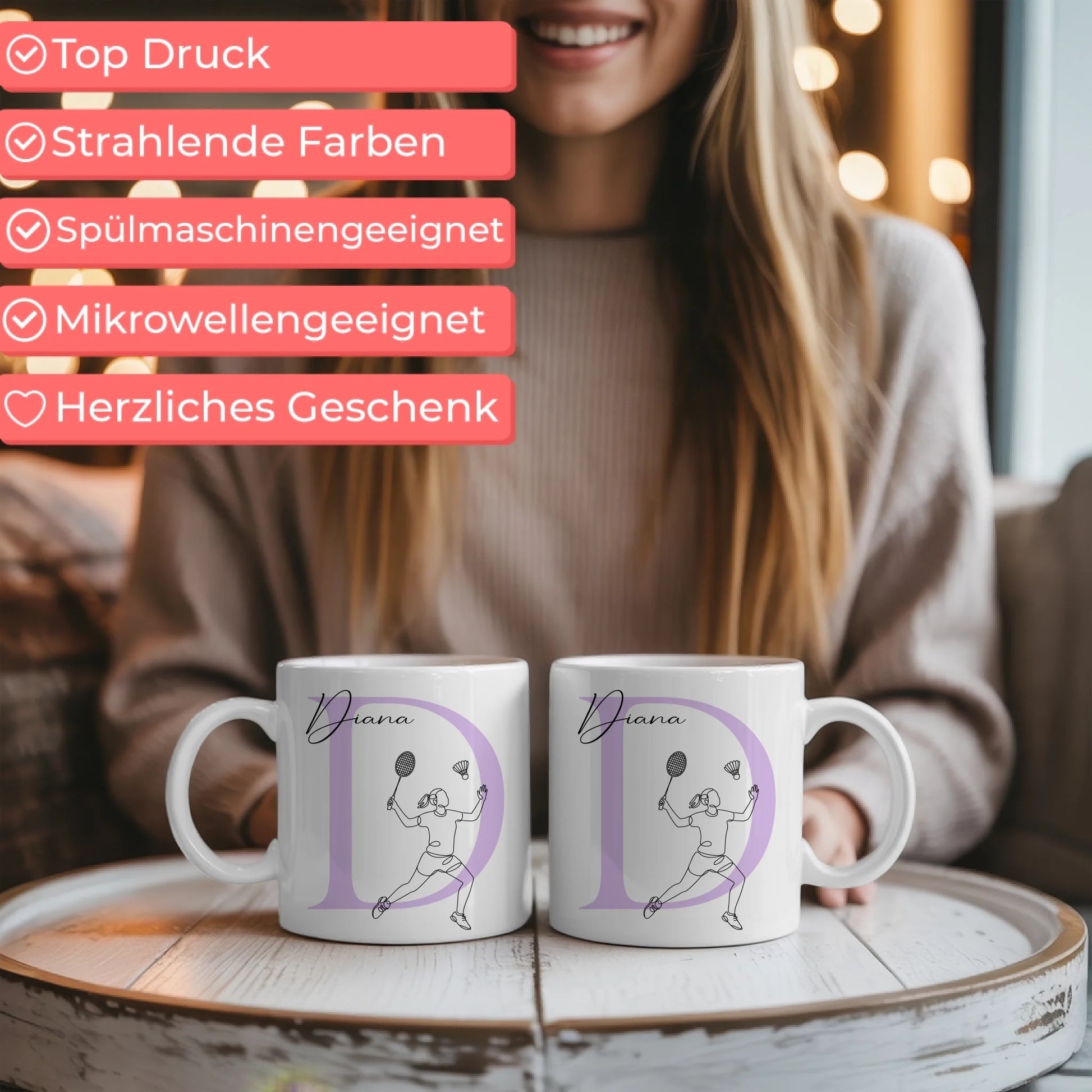 Personalisierte Tasse Mit Name Und Lineart Badmintonspielerin Für Badmintonfans 6