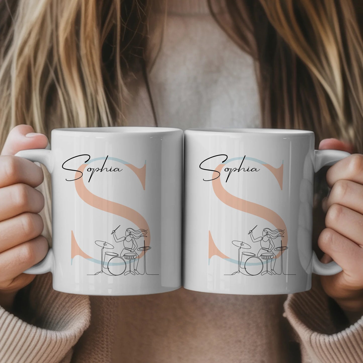 Personalisierte Tasse Mit Name Lineart Drummerin Drummer Geschenk für Musiker Fans 1