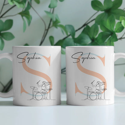 Personalisierte Tasse Mit Name Lineart Drummerin Drummer Geschenk für Musiker Fans 2