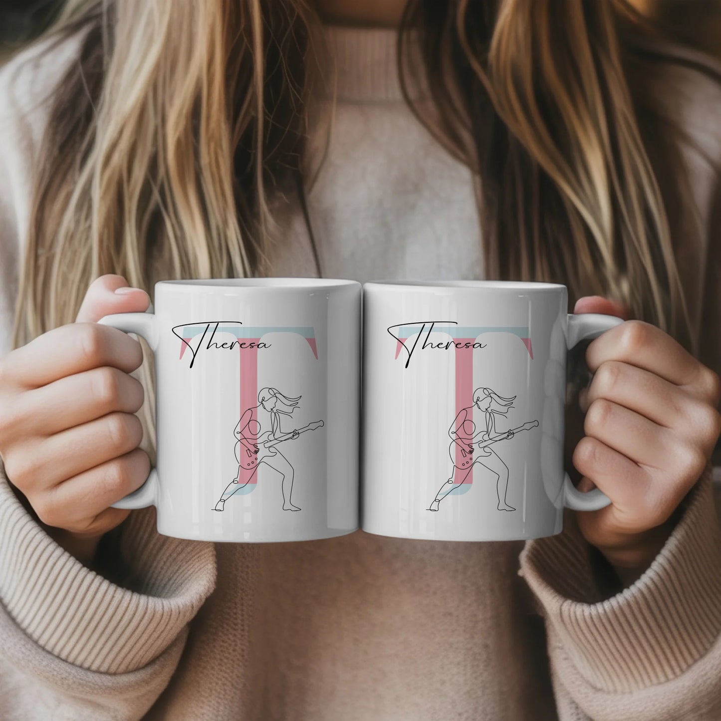 Ausgefallene Tassen mit Name Lineart E-Gitarristin E-Gitarre personalisiertes Geschenk 5