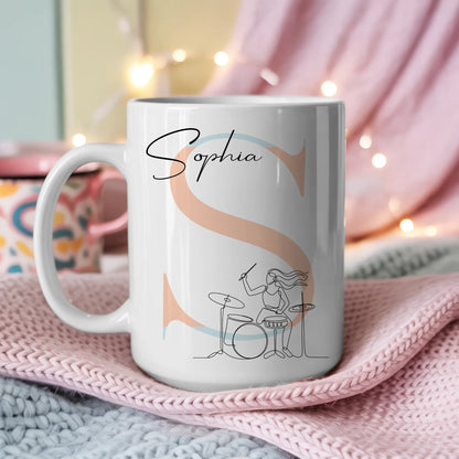 Personalisierte Tasse Mit Name Lineart Drummerin Drummer Geschenk für Musiker Fans 3
