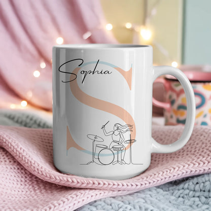 Personalisierte Tasse Mit Name Lineart Drummerin Drummer Geschenk für Musiker Fans 4