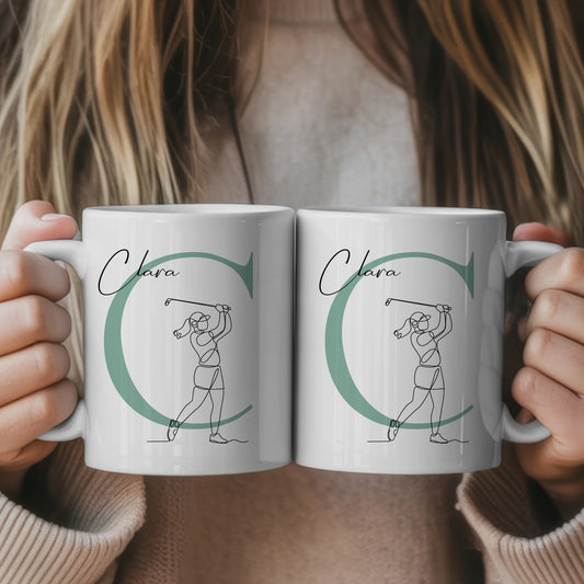 Ausgefallene Tassen Mit Name Lineart Golferin Golf Personalisiertes Geschenk für Damen 1