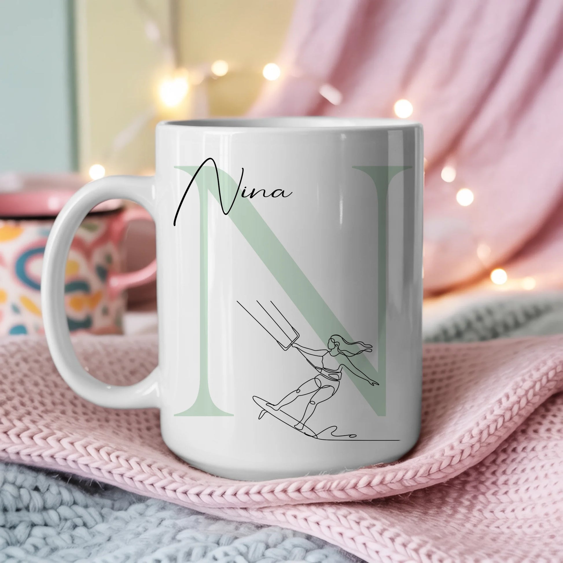 Personalisierte Tasse Mit Name Und Lineart Kitesurferin Für Kitesurfen Geschenkidee 3