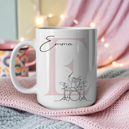 Personalisierte Tasse Mit Name Lineart Schlagzeugerin Schlagzeug Geschenk für Musikerinnen 3