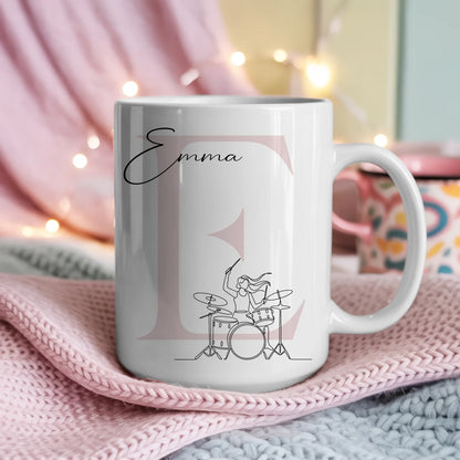 Personalisierte Tasse Mit Name Lineart Schlagzeugerin Schlagzeug Geschenk für Musikerinnen 4