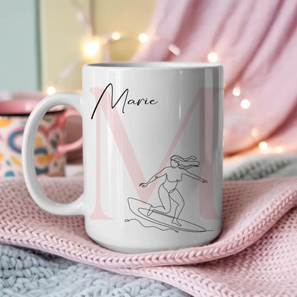 Personalisierte Tasse Mit Name Und Lineart Surferin Surfen Geschenk für Surffans 3