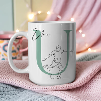 Personalisierte Kaffee Tasse mit Lineart Fußballer Motiv für Fußballfans 3