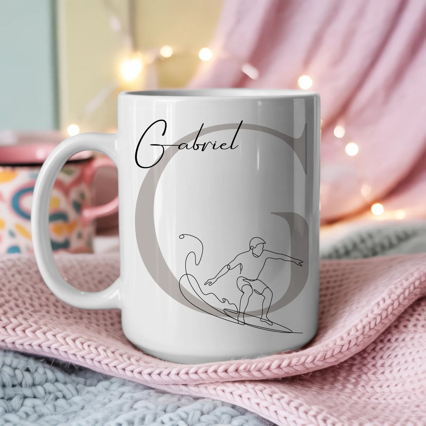 Personalisierte Tasse Mit Name Lineart Wellenreiten Wellenreiter Geschenkidee für Surfer 3