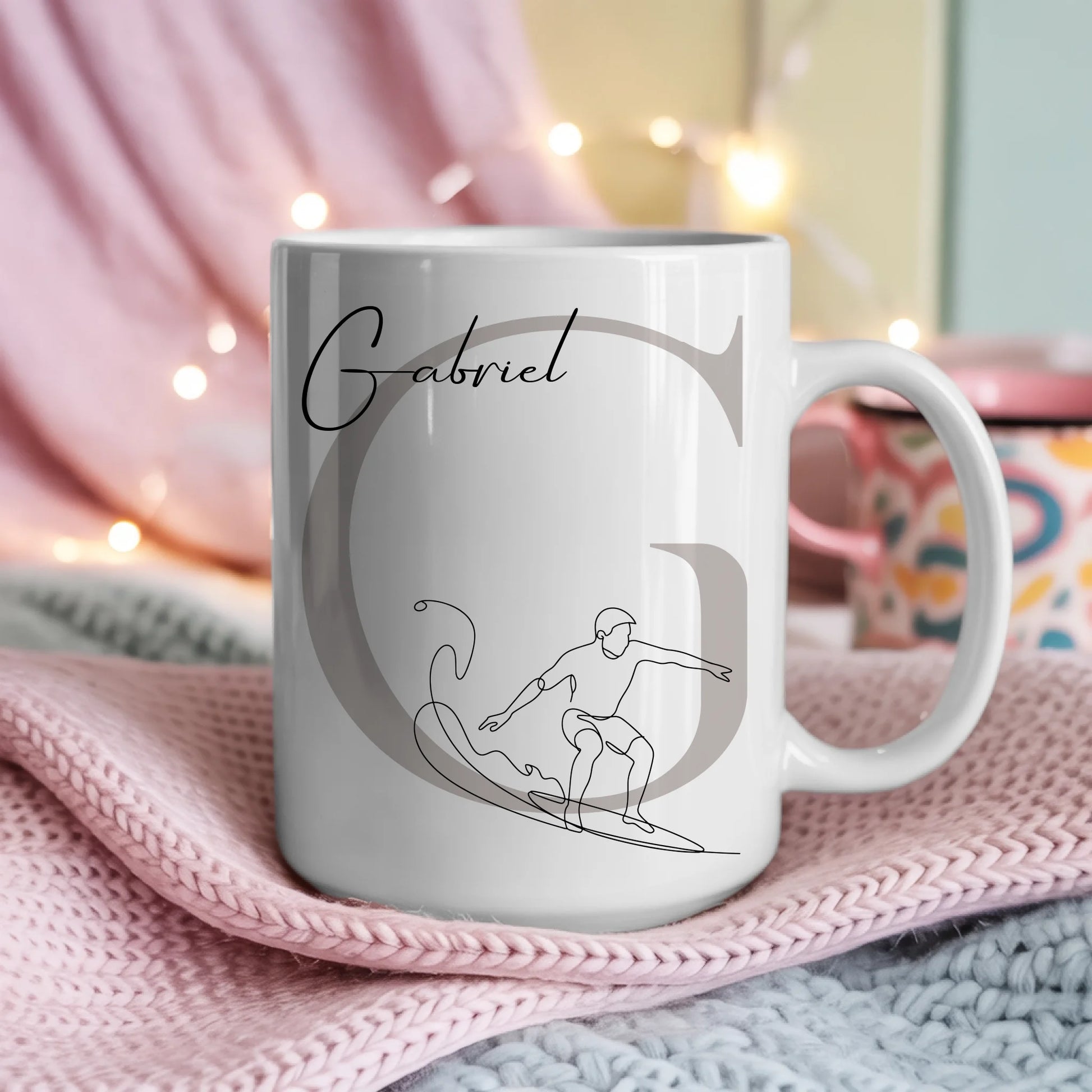 Personalisierte Tasse Mit Name Lineart Wellenreiten Wellenreiter Geschenkidee für Surfer 4